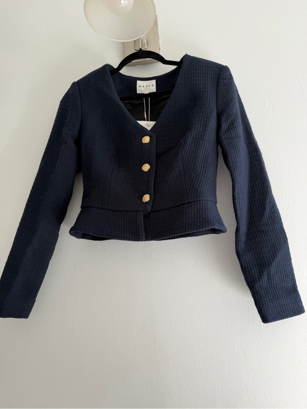 Gaala Navy Cropped Textured Jacket with Gold Buttons